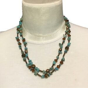 Vintage Boho Western Turquoise Bead Stone Multi Strand Necklace